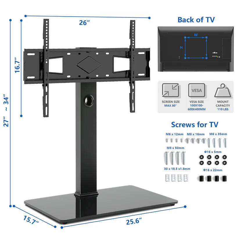 Swivel Tabletop TV Stand with Glass Base for 40" - 80" TVs